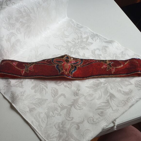 Vintage Regale Beaded Belt Red gold flower scroll leaf adjustable  30-33 main image 13